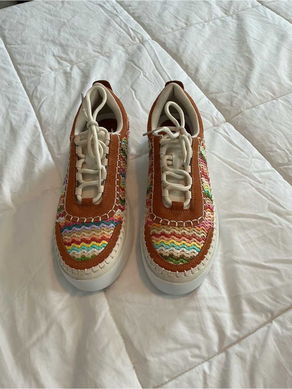 Outwoods Woman’s Multicolor Woven Sneakers with Tan Suede Trim